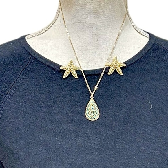 Lilly Pulitzer gold tone & turquoise necklace & pierced starfish earrings set - Picture 2 of 8
